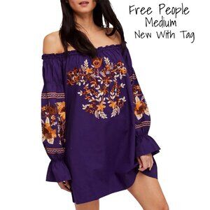 Free People Purple Embroidered Mini Dress - Off-The-Shoulder, Medium, New